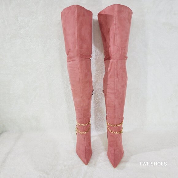 Bad Girlz Dusty Rose Blush Pink Faux Suede Wide Top Thigh High Boots Chain - Picture 7 of 14
